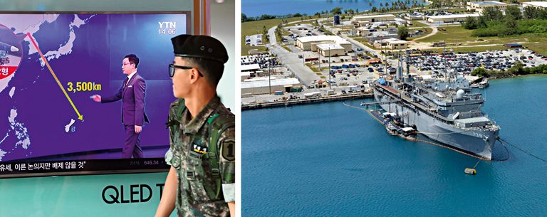Sob tensão: soldado da Coreia do Sul (à esq.) assiste ao plano de ataque da Coreia do Norte à ilha de Guam (à dir.), base militar dos EUA na região