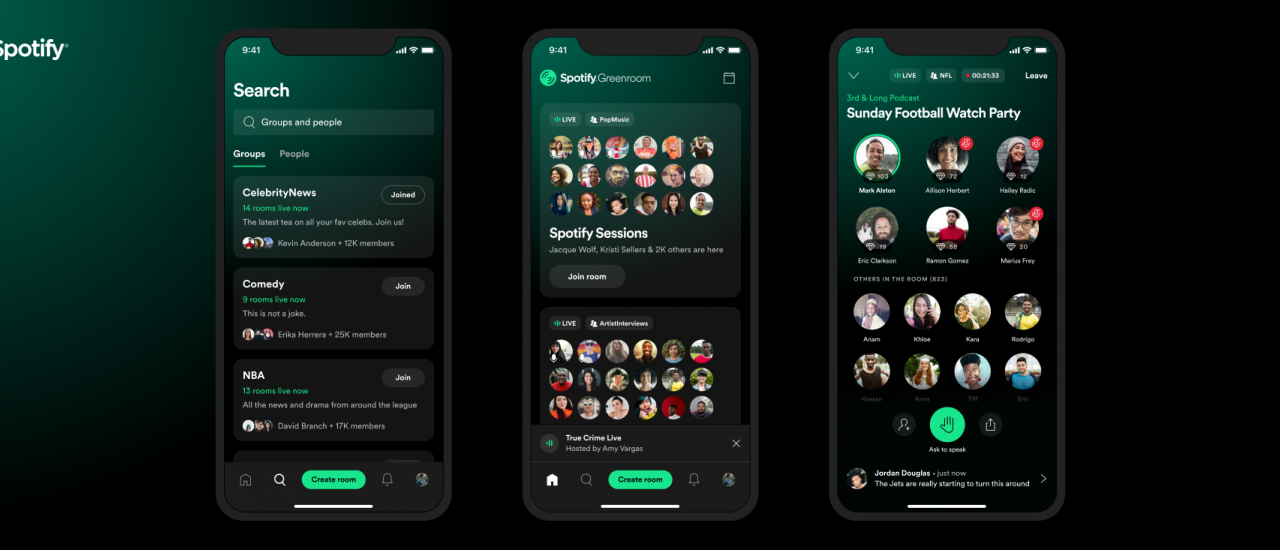 Spotify lança Greenroom, aplicativo de voz que conecta criadores e ouvintes Spotify lança Greenroom, aplicativo de voz que conecta criadores e ouvintes