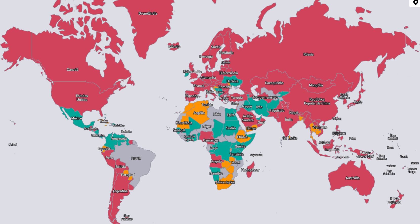 Mapa interativo com os países que estão com restrições moderadas ou rígidas com passageiros saídos do Brasil