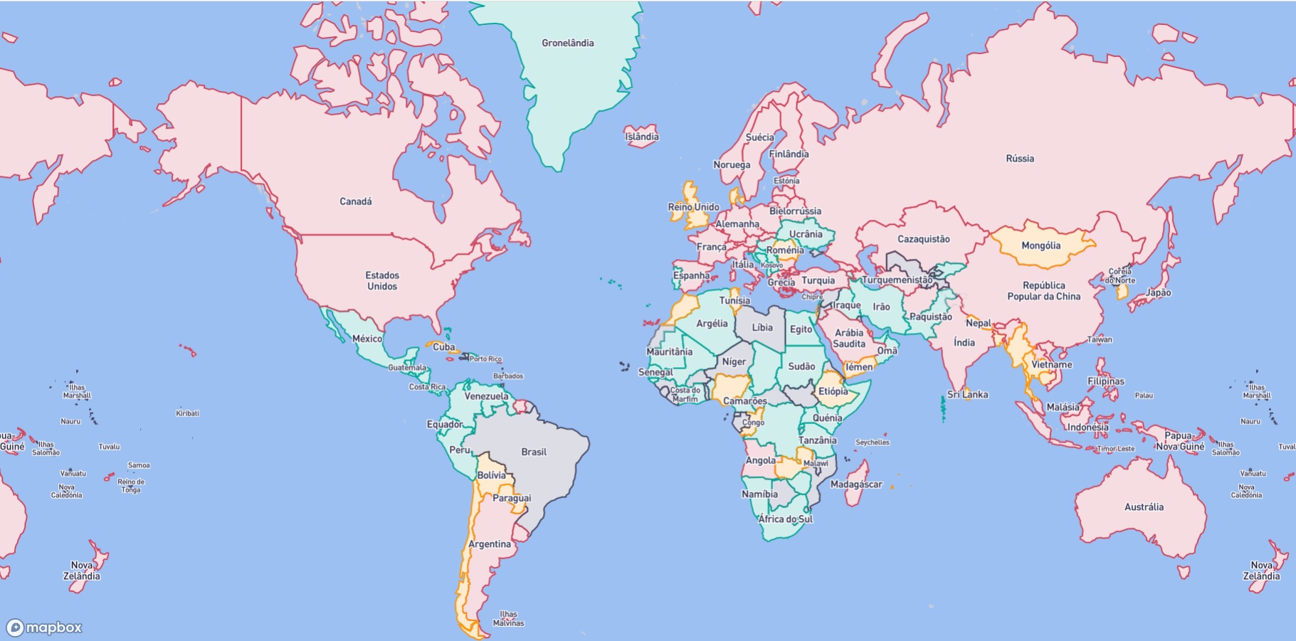 Mapa de países com restrições para brasileiros